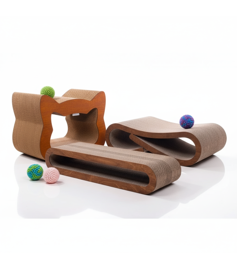 Katzenkratzbretter aus Karton und bunte gehäkelte Spielbälle mit Katzenminze